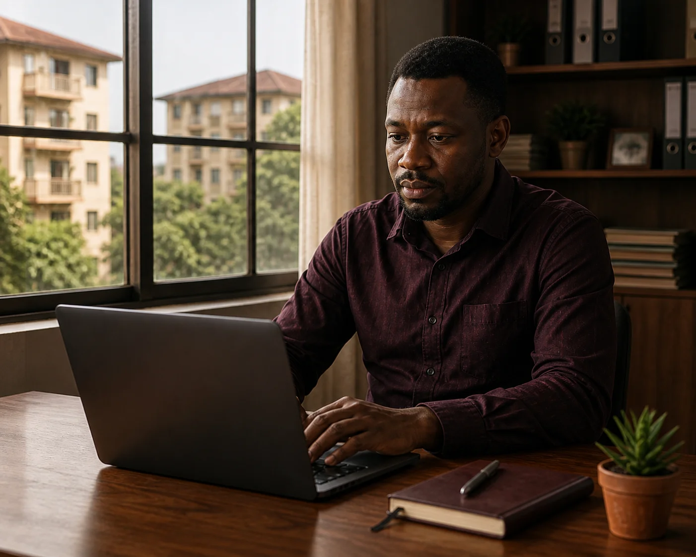 A landlord managing his properties from a laptop at an organized desk
